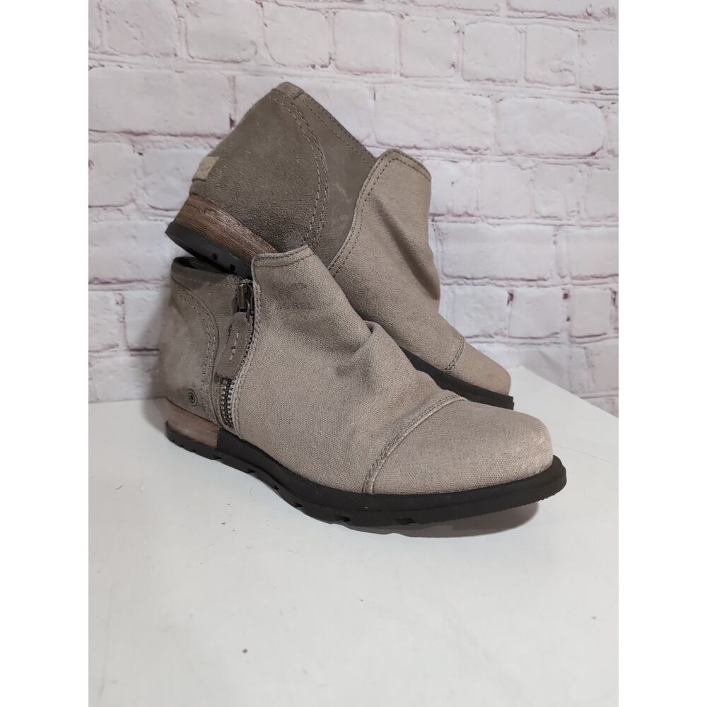 Sorel Major Low Womens 7 Tan Canvas & Suede Ankle Side Zip Bootie Boots